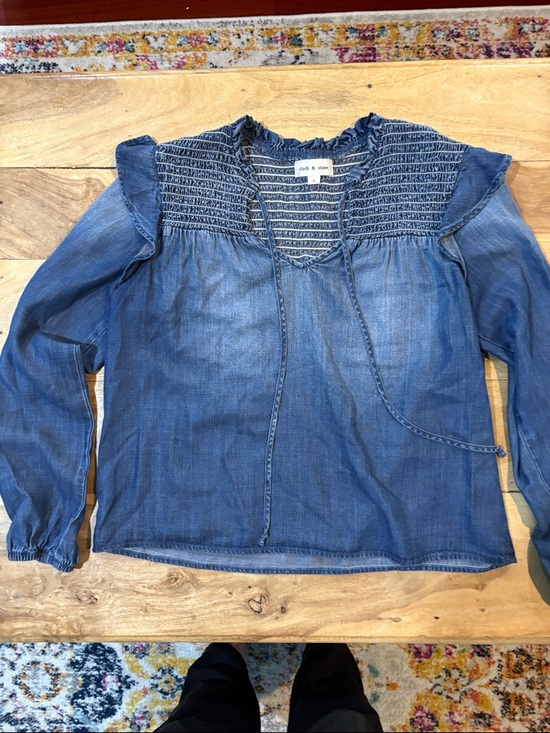 cloth & stone Tops - cloth & stone Indigo Smocked Yoke Denim-Look Peasant Top
